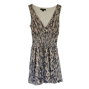 Express V-Neck Smocked Waist Mini Dress in Black, Cream, Brown